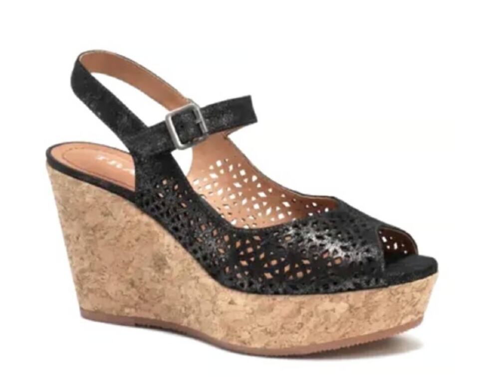 Trask Pattie Shimmer Black Laser Cutout Cork Wedge Sandals Size 7.5